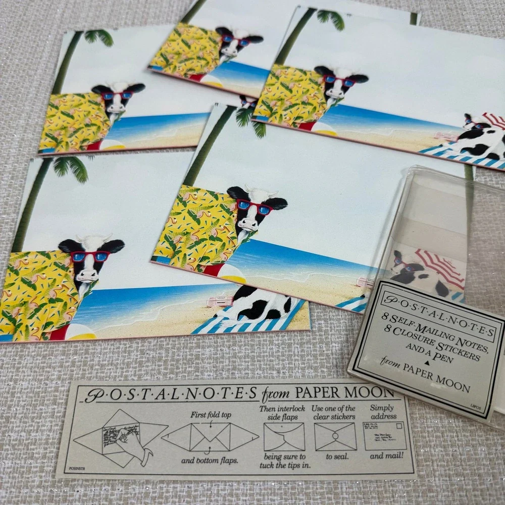 Vintage Paper Moon Postal Notes Set of 8 Cow Summer Stationery Postcard